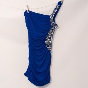 Blue homecoming dress. Blue one shoulder mini dress with stones Junior size L.